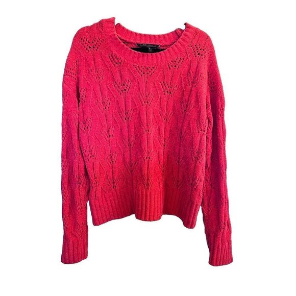 BCBG MAXAZRI Bright Red Pointelle Knit Chenille Pullover Sweater‎ Size Large - Picture 1 of 8